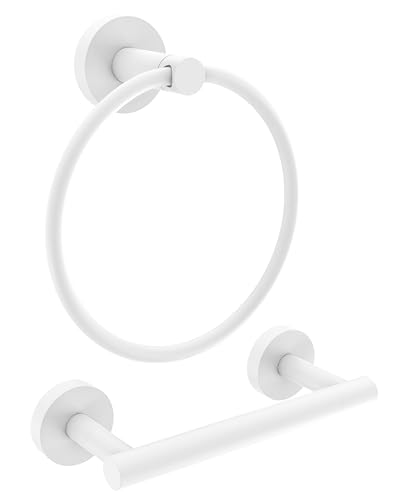 RARXTR White Toilet Paper Holder & Towel Ring SUS304 Stainless Steel 2pc Bathroom Hardware Set with Double Post Pivoting Toilet Paper Roll Holder Wall Mount & Bathroom Towel Holder Set - color: White, size: 2-Piece