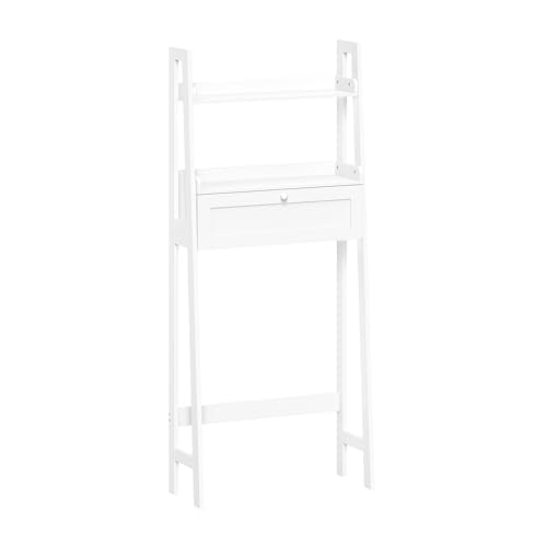 RiverRidge Amery Over the Toilet Spacesaver Storage Shelf, White | Ladder Shelf Design, Bathroom Medicine Cabinet with Drop-Down Door for Hidden Storage, Linen and Toiletries Cabinet Organizer