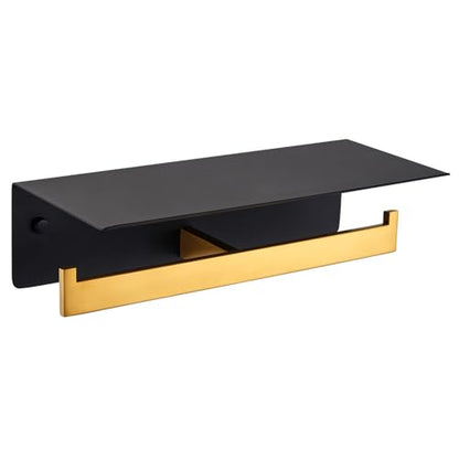 Double Toilet Paper Holder with Phone Shelf, 304 Stainless Steel Bathroom Tissue Hanger, Wall Mounted Dual Roll Paper Dispenser, Black & Gold - color: Black With Gold, size: Double Rod