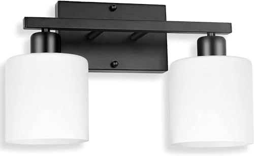 Black Bathroom Light Fixtures Over Mirror, 2-Light Vanity Lights | Anti-Rust Wall Sconces 12 Inches, E26 Standard Socket, Milky White Glass Shades, Easy Installation, Bulbs Not Included - color: Black-2 Light
