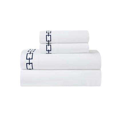 Superior Embroidered Cotton Bed Sheet Set, 1 Elastic Deep Pocket Fitted Sheet, 1 Flat Sheet, 2 Pillowcases, Daily Soft Sheets, Luxury, Unique Design, Chain Links Collection, Full Size, White/Navy Blue - color: White-navy Blue, size: Full