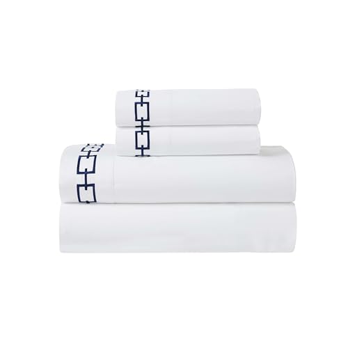 Superior Embroidered Cotton Bed Sheet Set, 1 Elastic Deep Pocket Fitted Sheet, 1 Flat Sheet, 2 Pillowcases, Daily Soft Sheets, Luxury, Unique Design, Chain Links Collection, Queen, White/Navy Blue - color: White-navy Blue, size: Queen