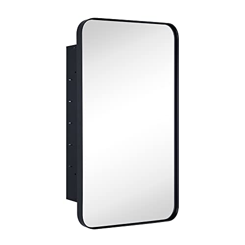 Matt Black Rectangle Recessed Bathroom Medicine Cabinet with Mirror Stainless Steel Metal Framed Rounded Rectangular Bathroom Cabinet with Mirror 16.5x27.5'' - color: Matt Black, size: 16.5'' x 27.5''