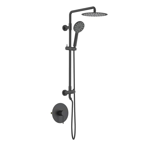 KIBI Circular Rain Shower Column, 2-Function, Solid Brass, Matte Black | 10in Rain Head Plus 3-Mode Handheld, Height-Adjustable, Brass Rough-in Valve, Pressure Balance, Wall-Mounted, KSC403 - color: Matte Black