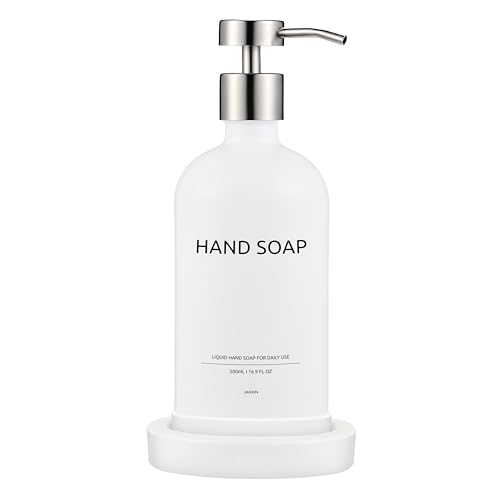 Glass Soap Dispenser Bathroom Set by Janxin, Foaming Kitchen soap Dispenser with Ceramic Tray for Dish Soap, Liquid Soap Dispenser for Hand Soap, Lotion, Body Wash (White+Silver) - color: White Silver H