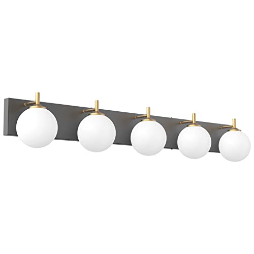 Aipsun Mid Century Modern Bathroom Vanity Light Over Mirror 5 Lights Milky White Globe Glass Black/Golden Bathroom Light Fixture(Exclude Bulb) - color: Black+Gold, size: 5 Lights