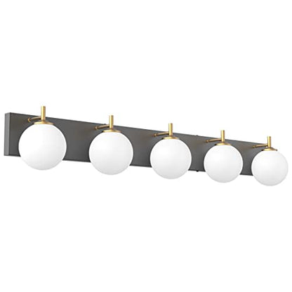 Aipsun Mid Century Modern Bathroom Vanity Light Over Mirror 5 Lights Milky White Globe Glass Black/Golden Bathroom Light Fixture(Exclude Bulb) - color: Black+Gold, size: 5 Lights