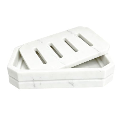 Drainable Soap Dish, Double Layer Resin Soap Holder with Marble-Look, Non-Slip Silicone Feet Soap Saver for Bathroom - color: Marble Look