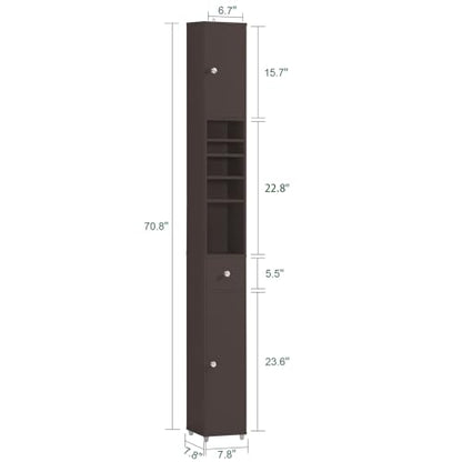 SoBuy Bathroom Storage Cabinet Adjustable Shelves, Tall Narrow, Brown | Freestanding Cupboard With Adjustable Shelves, Space-Saving Storage For Tiny Bathroom Gaps, BZR34-BR - color: Brown