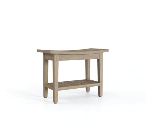 24" Maluku Mist-Shield Teak Shower Bench with Shelf | Durable, Water-Resistant Teak, Shower Chair & Shaving Foot Rest, Indoor/Outdoor Use