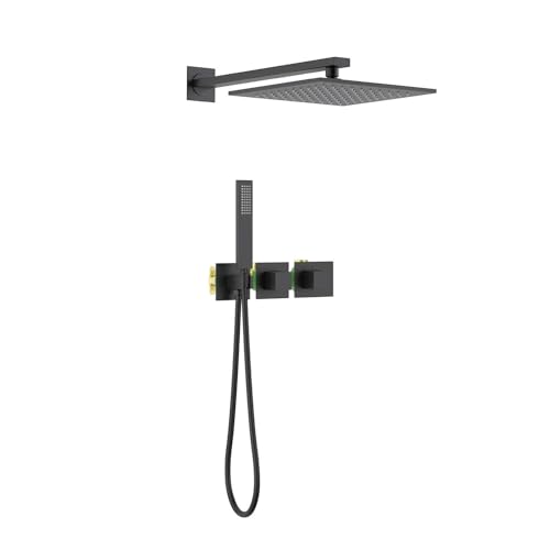 KIBI Cube Thermostatic Bathroom Shower System – 2-Function Wall Mounted Shower Set with Rough-In Valve, Modern Mate Black, Durable Rust-Resistant Bathroom Shower Faucet Kit - color: Matte Black