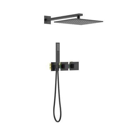 KIBI Cube Thermostatic Bathroom Shower System – 2-Function Wall Mounted Shower Set with Rough-In Valve, Modern Mate Black, Durable Rust-Resistant Bathroom Shower Faucet Kit - color: Matte Black