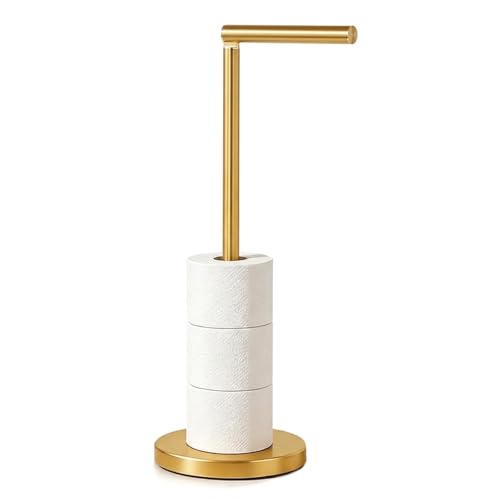 Gold Toilet Paper Holder Free Standing Roll Stand for Bathroom Rustproof Stainless Steel Toilet Paper Storage Holder Stand for for 4 Rolls, Bathroom Apartment Guest Room Space-Saving - color: Brushed Gold
