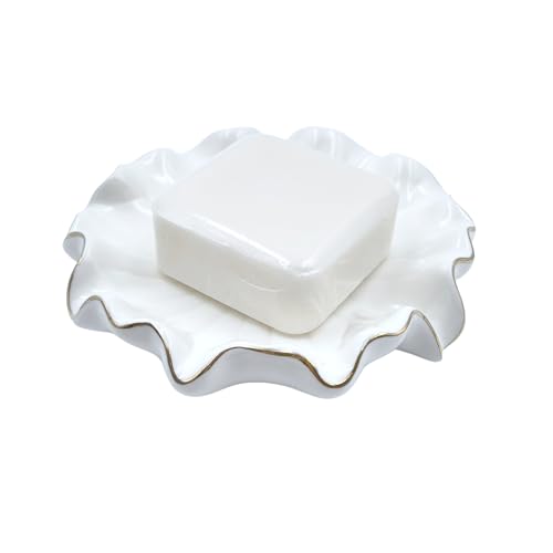 Ceramic Soap Dish Self-Draining Lotus Leaf Soap Holder Soap Saver for Bathroom,Kitchen,Sink,Bathtub(White) - color: White