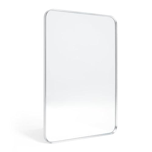 Silver Bathroom Mirror 16x20in, Metal Framed Rounded Rectangle | Tempered Glass, Shatter Proof, Anti-Rust Frame, Hangs Horizontal or Vertical - color: Silver, size: 20"L x 16"W, style: Rectangle