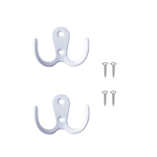 2 Pcs Double Prong Robe Hooks, Dual Coat Hooks Wall Mounted Hanging Clothes for Bathroom Bedroom Door Wall Retro Metal Cloth Hanger Double Coat Hooks with 4 Screws (White) - color: White