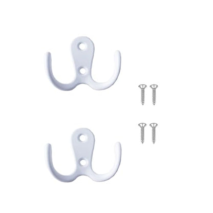 2 Pcs Double Prong Robe Hooks, Dual Coat Hooks Wall Mounted Hanging Clothes for Bathroom Bedroom Door Wall Retro Metal Cloth Hanger Double Coat Hooks with 4 Screws (White) - color: White