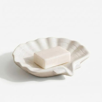 Ceramic Soap Holder, Sea-Shell Soap Tray with Self Draining, Soap Tray for Sink Washroom Bathroom Shower, Small Cute and Elegant Holder with Glaze, Easy Cleaning (White) - color: White