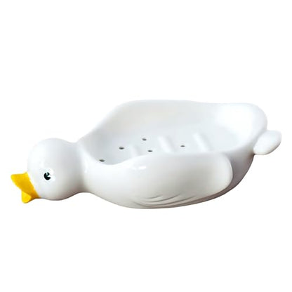 Cute Ceramic Soap Dish Self Draining Adorable Duck Shaped Kitchen Sink Soap Organizer for Bathroom Quick Drying Soap Holders - color: White Duck-1