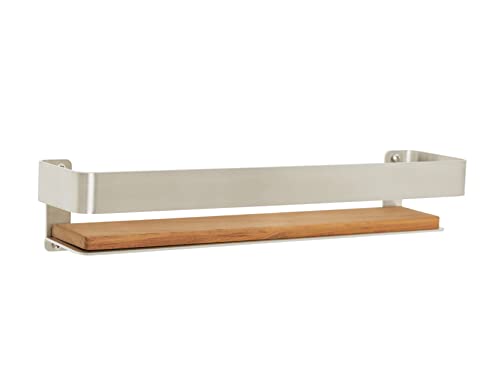 Seachrome Rectangular Shower Shelf with Rail in a Satin Finish and Natural Teak Wood Insert - color: Satin
