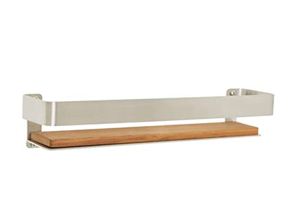 Seachrome Rectangular Shower Shelf with Rail in a Satin Finish and Natural Teak Wood Insert - color: Satin