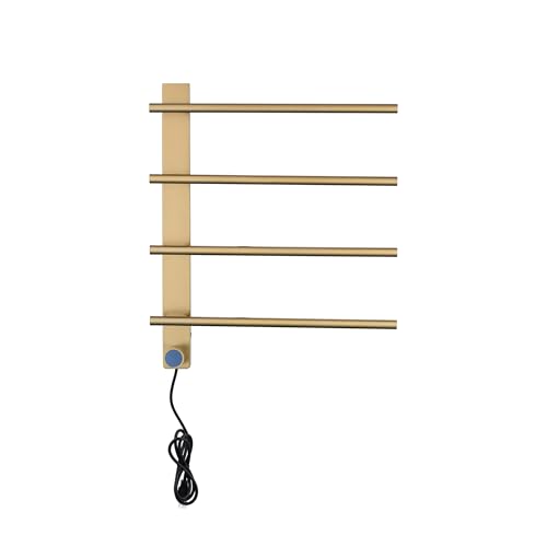 VJASS Electric Heated Towel Warmer with Timer, Wall Mounted Stainless Steel Towel Rack, 4-Bar Fast Heating Towel Drying Rack for Bathroom, Hardwired/Plug-in Options (Brushed Gold) - color: Brushed Gold