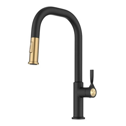 KRAUS Torak Pull Down Kitchen Faucet in Spot-Free Brushed Brass/Matte Black with 2 Function Sprayer, Pre-Attached Water Lines, and Mounting Hardware, KPF-2841SFBBMB - color: Spot Free Brushed Brass/Matte Black, style: Pull-Down Square Arc Faucet