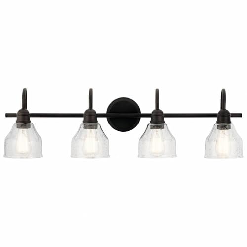 Kichler Avery 33.25" 4 Light Bathroom Vanity Light in Olde Bronze, Vintage Bathroom Wall Mount Fixture with Clear Seeded Glass, (33.25" W x 9.25" H), 45974OZ - color: Old Bronze, size: 4-Light