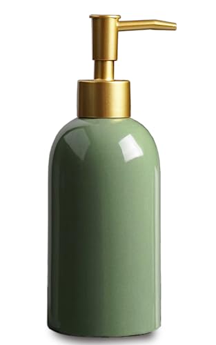 Ceramic Soap Dispenser Green with Gold Pump,Simple Design Cylindrical Lotion Dispenser Bottle,Refillable Liquid Hand Soap Dispenser for Kitchen,Bathroom,Washroom - color: Green（a）