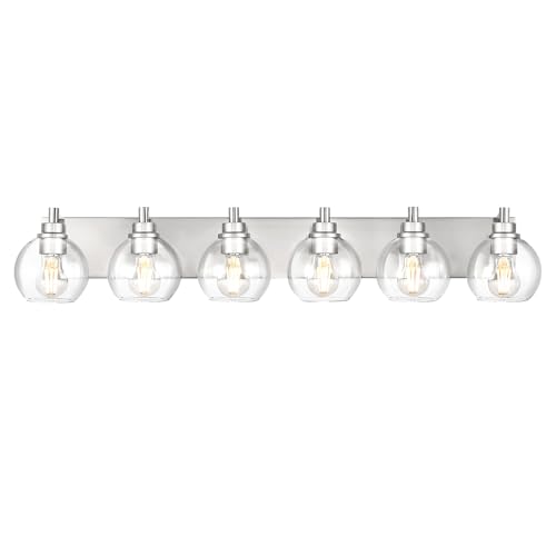 6-Light Brushed Nickel Bathroom Vanity Light, Clear Glass Globes | Ideal for 44-58" mirrors, 38" modern bathroom light fixtures over mirror, E26 base, bulbs not included, VL195-BN-6 - color: Brushed Nickel, Clear Glass, size: 6-light