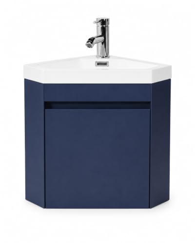 22" Corner Bathroom Vanity Sink, Wall-Mounted Blue | White resin basin with MDF cabinet, chrome faucet, pop-up drain and enclosed storage for small bathrooms. - color: Blue