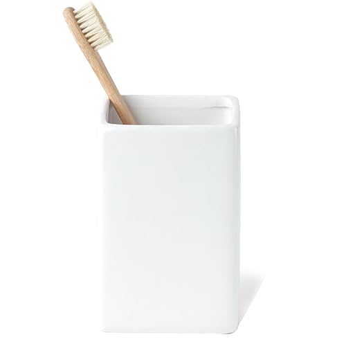 White Ceramic Toothbrush Holder - Square Bathroom Toothbrush Holder, Toothbrush Cup Holder Aesthetic Toothpaste Holder, Modern Family Size Toothbrush Organizer, Bathroom Tumbler Cup - color: White, size: 1pcs
