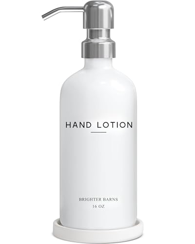 White Glass Lotion Dispenser with Pump Bathroom Set by Brighter Barns - Hand Lotion Dispenser Set with Tray - Modern Bathroom Accessories for Guest House, Hotel, Spa, Restaurant, Airbnb, Gift (White) - color: Silver L