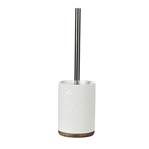 Bathroom Accessories Ceramic Toilet Brush Set - Toilet Bowl Brush and Holder with Wooden Base (White and Beige)