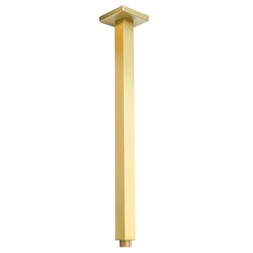 Brushed Gold Shower Arm with Flange and Teflon Tape for High Ceiling or Fixed Rain Showerhead, Universal Connection 16-inch Square Straight Shower Head Extender Extension Pipe, 304 Stainless Steel - color: Brushed Gold, style: 16inch