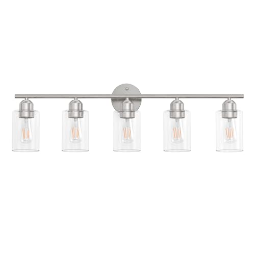 Bathroom Vanity Light Fixtures Brushed Nickel Bathroom Lighting Fixture, 5 Lights Bathroom Light Fixture Over Mirror, Modern Black Vanity Light, Wall Sconces with Glass Shades - color: Brushed Nickel, size: 5 Lights