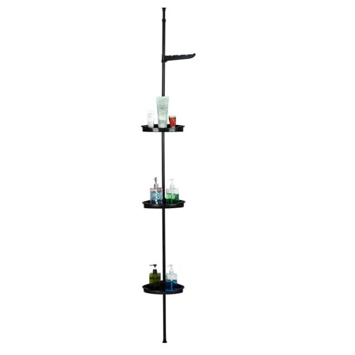 Corner Shower Caddy Tension Pole, 101.6''-122'', 4 Tier Shower Shelf, Rust Proof No Drilling Bathroom Organizer with Adjustable Trays, Plastic Bathtub Shelves Shamboo Holder, Black