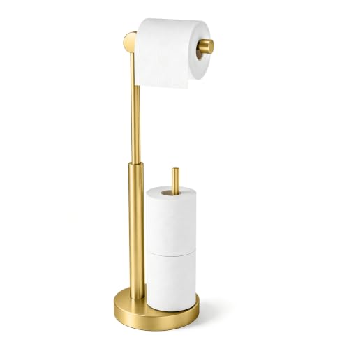 Toilet Paper Holder Stand with Storage & Weighted Base, Brushed Gold | Free Standing Stainless Steel Design with Open-Ring Arm for Easy Roll Replacement - color: Brushed Gold