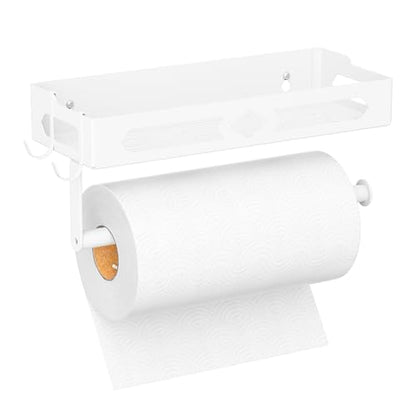 Wall Mount Paper Towel Holder with Shelf for Bathroom, Kitchen,White 2Hooks | Metal Spice Rack, Easy One-Hand Tear Design Mounted Hanging Hand Paper Towel Roll Holder for RV, Home(Self Adhesive or Drill) - color: White