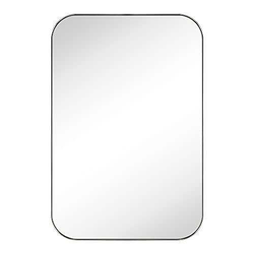 24x36'' Brushed Nickel Rounded Rectangle Bathroom Vanity Wall Mirror Silver Stainless Steel Metal FramedRectangular Bathroom Mirror, Vertical and Horizontal Hanging