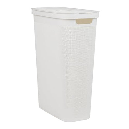 Mind Reader Slim Laundry Hamper with Lid, 40L Clothes Basket, Linen Design, Plastic, White - color: White