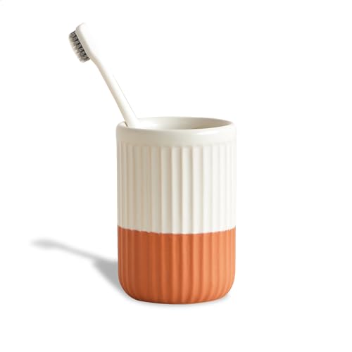 Two Tone Terracotta Ceramic Toothbrush Holder, Rippled Design | Cream And Terracotta Contrast, Organic Boho Style, Subtle Textured Detail, Glazed Interior, Matches Bathroom Counter Decor - color: Terracotta