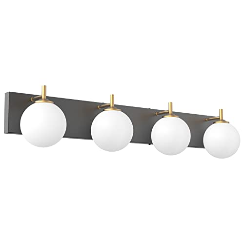 Aipsun Mid Century Modern Vanity Light 4 Lights Milky Glass Modern Bathroom Light Fixtures Over Mirror(Exclude Bulb) - color: Black+Gold, size: 4 Lights