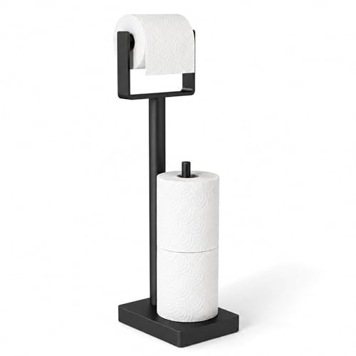 YUMORE Toilet Paper Holder Stand with Storage, Freestanding Stainless Steel Toilet Paper Holder with Weighted Base for Modern Bathroom, Matte Black - color: Matte Black, size: Storage Style