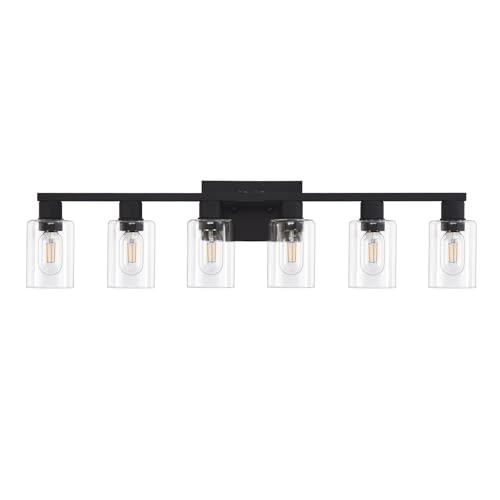6 Light Bathroom Vanity Light, Matte Black Vanity Light Fixtures, Large Vanity Lights for Bathroom, Farmhouse Light Fixtures with Clear Glass Shade for Bathroom Over Mirror - color: Black, size: 6 Light