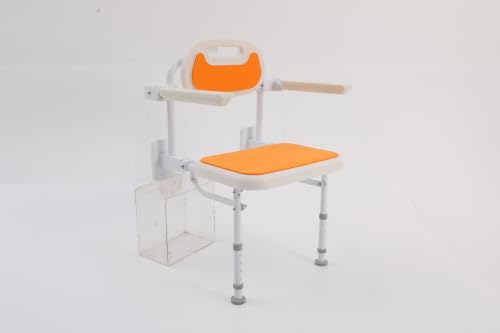14 Inch Wall Mounted Folding Shower Chair w/Backrest,Height Adjustable | Folding Shower Chair Bathing Adjustable 5-Height Seat Non-Slip Double Leg Design Orange Bathroom Safety Seniors Adults