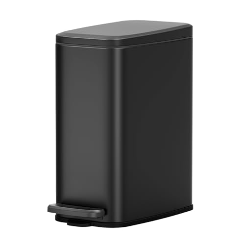 Cesun Slim Bathroom Trash Can with Lid, Soft Close, Black, 6L/1.6 Gallon | Hidden Trash Bag Design, Small, Stainless Steel, Removable Inner Bucket, Foot Pedal, Odor Control, for RV/Office/Bedroom - color: Black