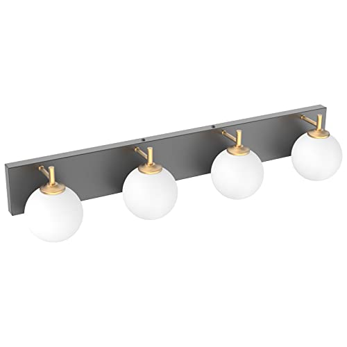 Aipsun Mid Century Modern Vanity Light 4 Lights Milky Glass Modern Bathroom Light Fixtures Over Mirror(Exclude Bulb) - color: Black+Gold, size: 4 Lights