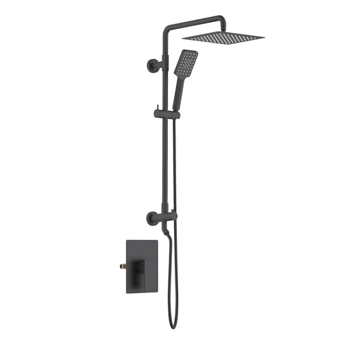 KIBI Cube 2-Function Wall Mounted Rain Shower Column | Bathroom Shower Faucet System with Solid Brass Rough-In Valve, 10" Rain Shower Head | Easy Temperature Control (Matte Black, KSC404) - color: Matte Black
