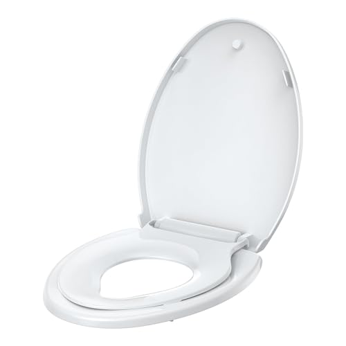 Elongated 19-Inch Toilet Seat, Built-In Potty Training Insert, Flat Front Design, Top Mount Quick-Release Hinges, Durable PP Plastic, Soft Close Family Bathroom Lid, Easy Clean Surface - size: Elongated toddler toilet seat